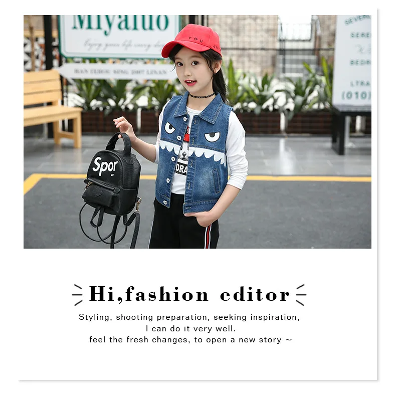 Girls Casual Cartoon Denim Vests Waistcoats Autumn Children Printed Fashion Vest Girl Jeans Outdoor Waistcoat
