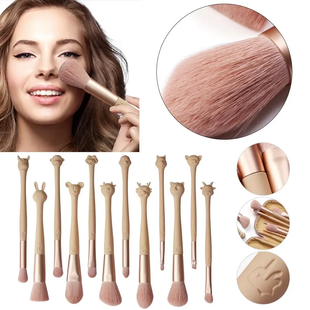 

12Pcs Chinese Zodiac Makeup Brushes Set Foundation Powder Blending Eyeshadow Cute Make Up Brush Cosmetics Tool With Leather Case