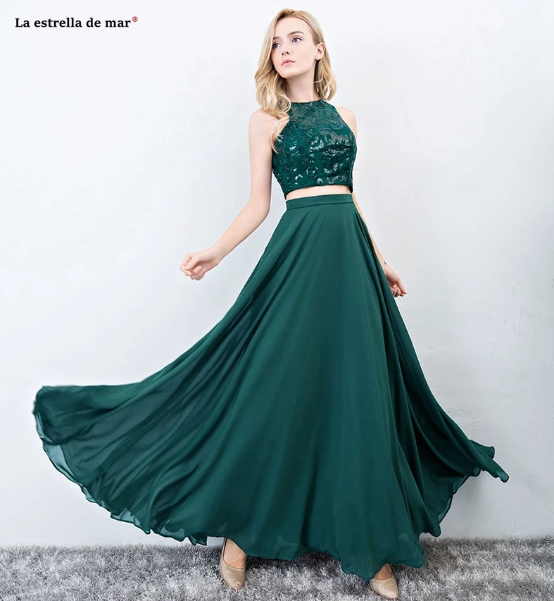 Vestido madrinha ГОРЯЧАЯ овальным вырезом с блестками; кружевное платье; шифоновое платье 2 шт. темно-зеленые платья для подружки невесты пол Длина свадебное платье