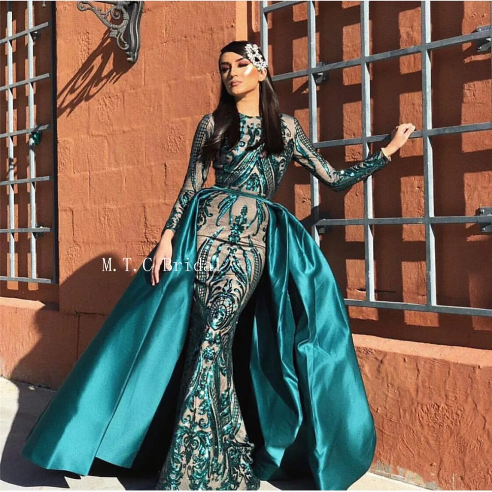 

Dark Green Detachable Train Mermaid Evening Dress Long Sleeve Floor Length Chic Lace Prom Gown Custom Made Formal Occasion Dress