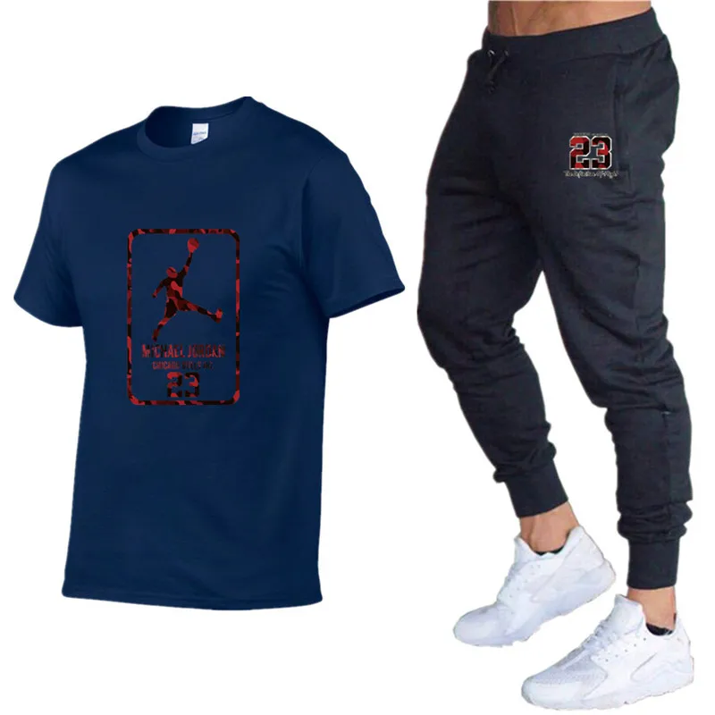 Качественные Брендовые мужские комплекты Jordan 23 футболки+ брюки Мужская брендовая одежда костюм из двух предметов спортивный костюм футболки спортивные залы тренировка набор для фитнеса