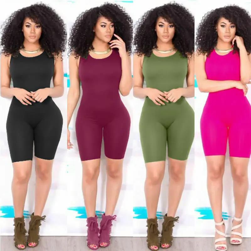 Женский комбинезон без рукавов в обтяжку клубный облегающий короткий однотонный