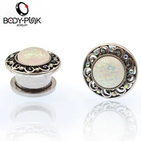 body punk stainless steel white opal carving screw fit tunnels ear plugs body piercing jewelry 6mm 20mm ear expanders