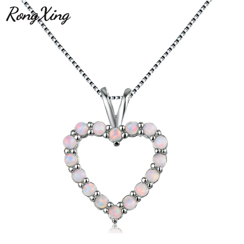 RongXing Fashion Full Stone Heart Pendants White Fire Opal Birthstone Necklaces For Women Silver Color Choker Jewelry New | Украшения и