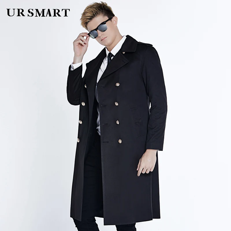 URSMART, Молодежный Тренч, пальто, он победил, двубортный, длинный, большой, мужской Тренч, пальто с лацканами, армейский зеленый, модное пальто, плащ-Пыльник - Цвет: black