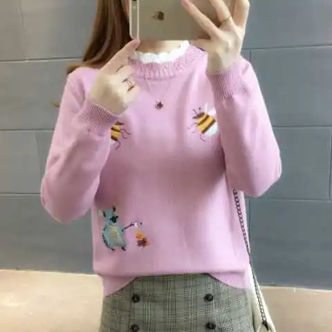 Женский трикотажный пуловер с принтом пчелы свободный короткий свитер круглым