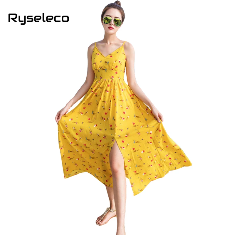 

Ryseleco Boho Chiffon Sexy V-Neck Print Cutout Ties Back Long Dress Summer Beach High Waist Large Slit Holiday Maxi Slip Dresses