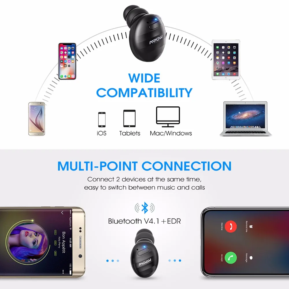 Mpow EM6 миниатюрные Bluetooth наушники V4.1 бизнес 6 часов воспроизведения невидимые