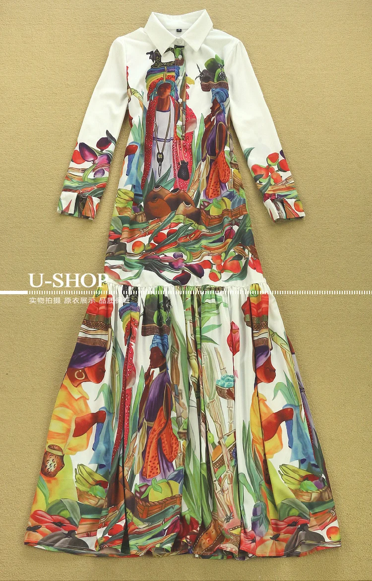 Luxury High Quality 2015 Fashion Runway Designer Dress Women's Long Sleeve Beach Retro Art Printed Bohemian Maxi | Женская одежда