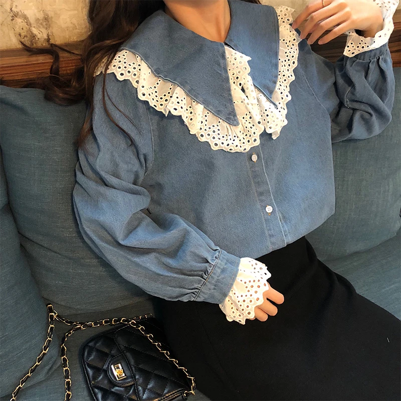 Blusas mujer de moda 2018 на осень-зиму harajuku милый Питер Пэн воротник свободные джинсовые