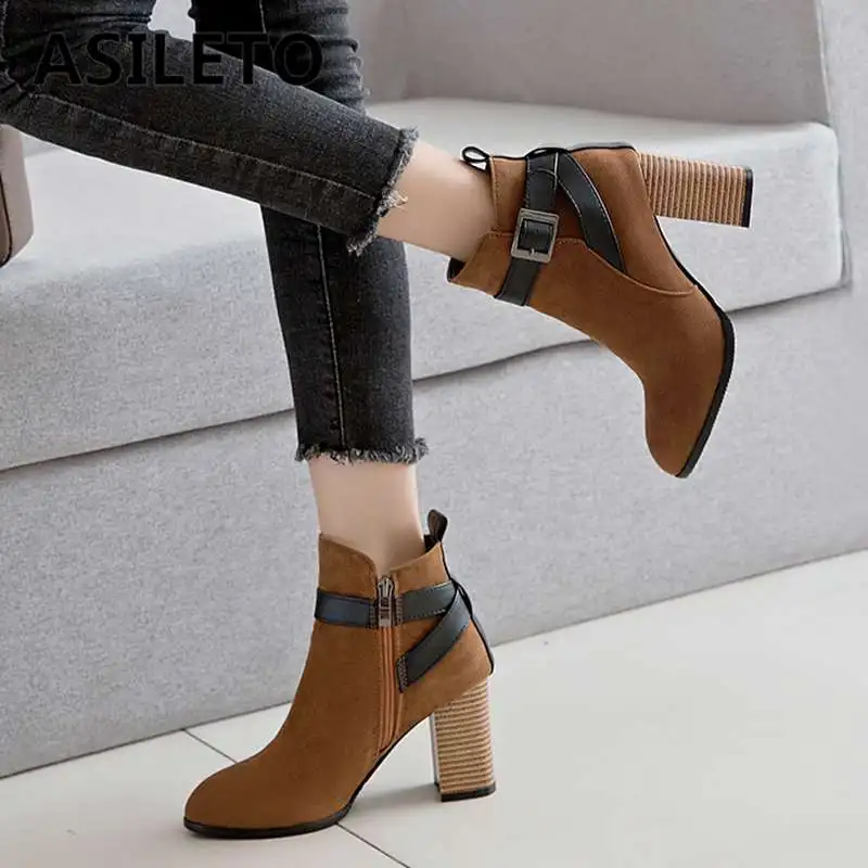 

ASILETO High heel Suede leather Chelsea ankle boots for women Buckle zipper Pointed toe Block heels buckle Large size 50 Booties