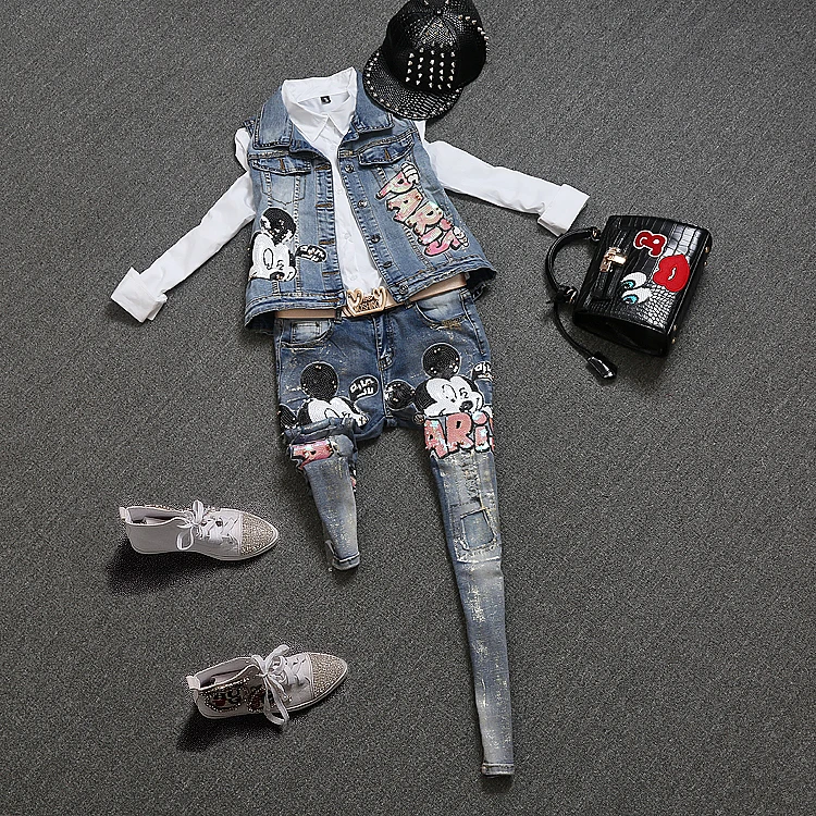 Высокое качество женщины аппликации вышивка джинсовой жилет rock geek джинсы брюки