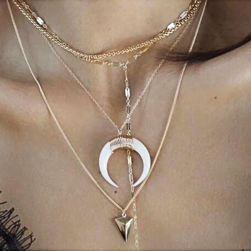 Boho Винтаж Золотой Рог себе колье Цепочки и ожерелья многослойный большой Кулон Луна Arrow Long Цепочки и ожерелья s для Для женщин Модные украшения