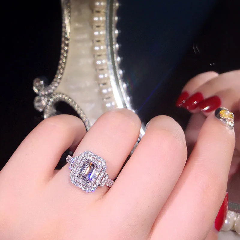 Fashion Design 18K White Gold Center 1ct Emerald Cut Moissanite Double Halo Ring Engagement Wedding Jewelry For Women | Украшения и