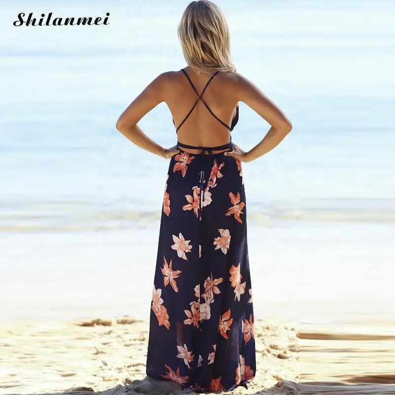 Глубокий V синий цветочный Спагетти ремень пляжное платье Купальник летняя