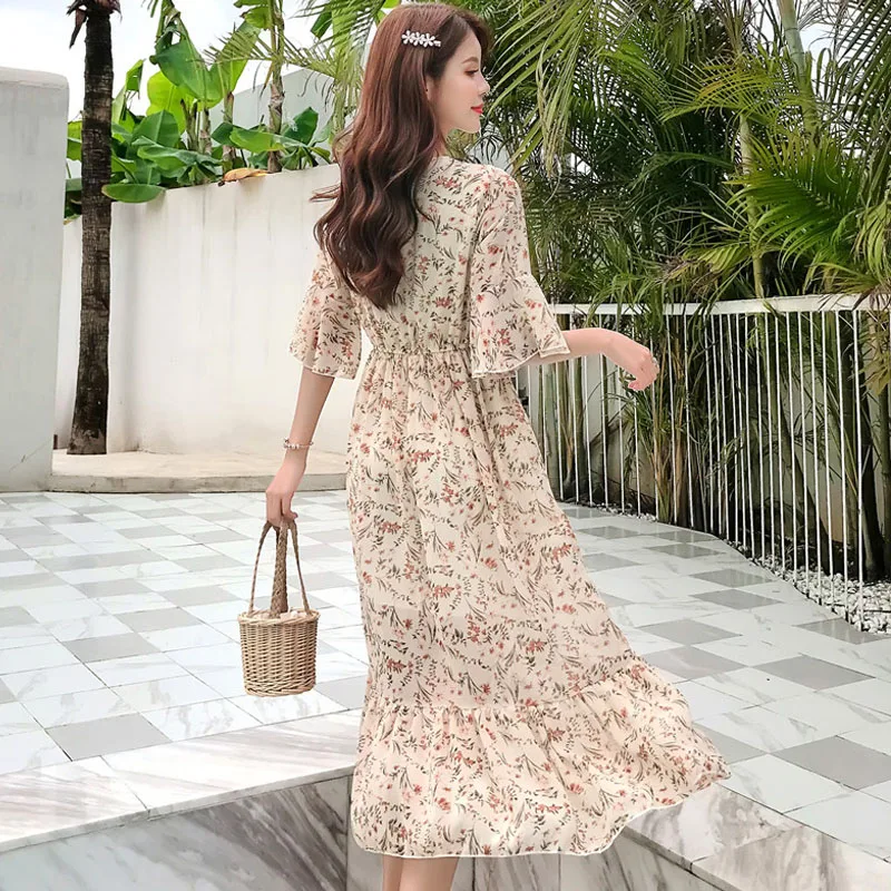 2019 New Vintage Sweet Loose Casual Medium-length Dress Summer Apricot Short Sleeve Print Bohemian Chiffon Women 4924 50 | Женская