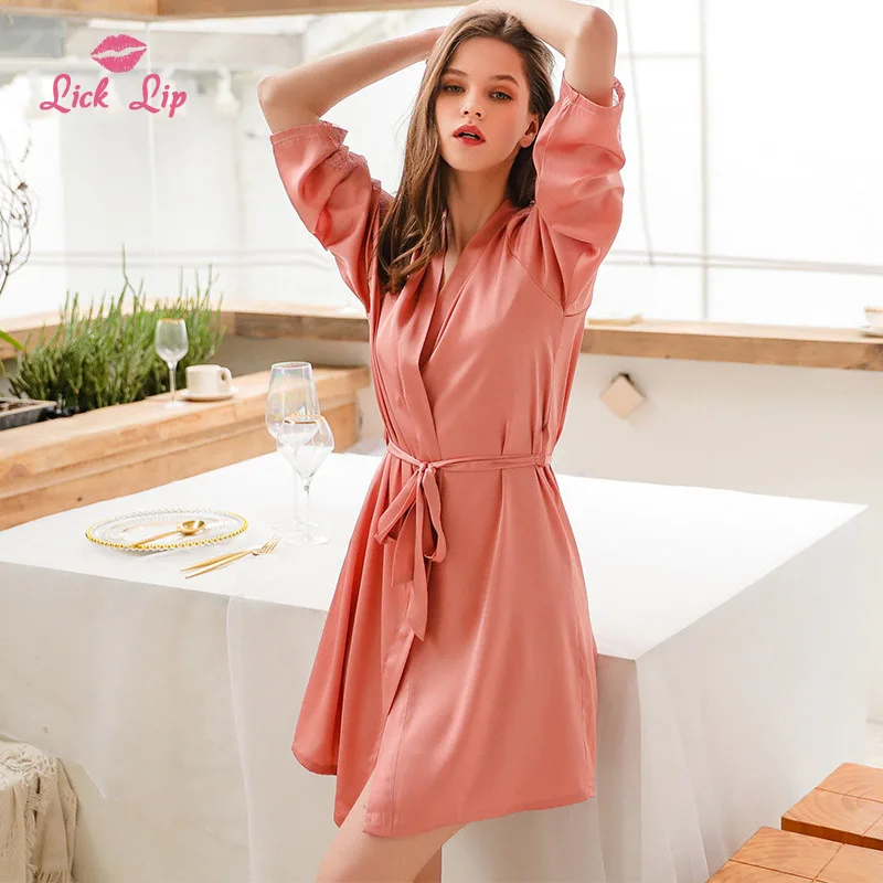 Женское летнее атласное кимоно Lick Lip Сексуальная кружевная одежда для сна в стиле