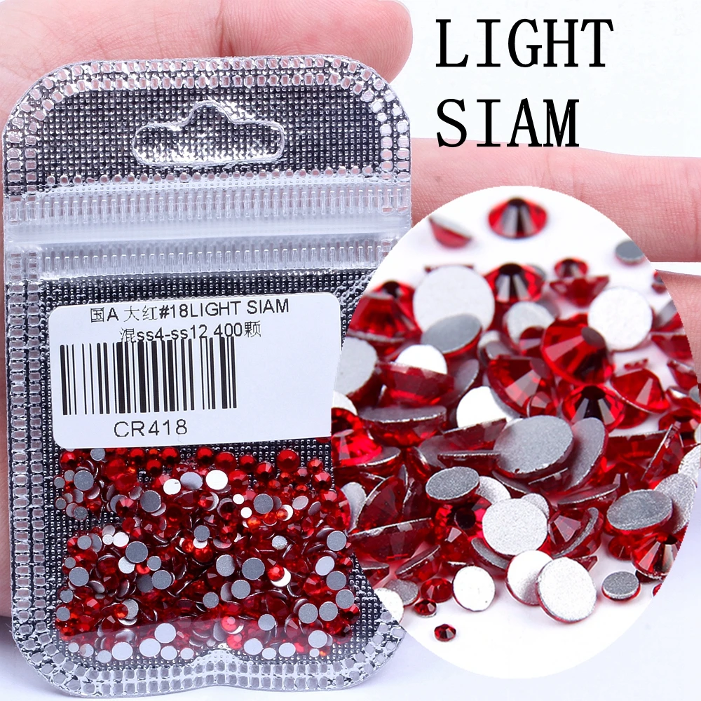 18 LIGHT SIAM 400 шт, 60 цветов, разные размеры, ss4-ss12, для дизайна ногтей, не горячей фиксации, хрустальные стразы, сделай сам, плоские с оборота, 3D стеклянные украшения для ногтей, стразы - Цвет: 18 LIGHT SIAM