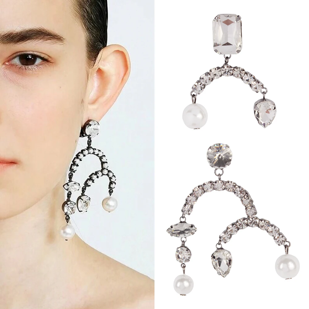Banny Pink Asymmetric Crystal Geometric Stud Earrings For Women Party Rhinestone Imitation Pearl Statement Post Brincos | Украшения и