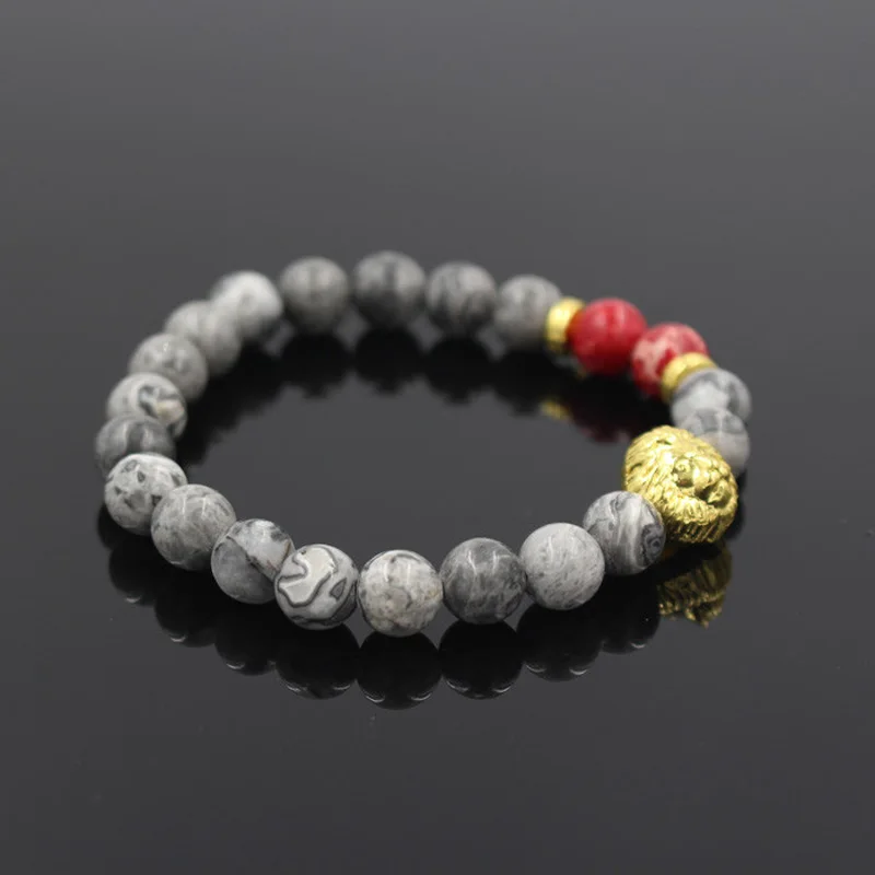 

Natural Grey Jaspe and Red Regalite Stone Bead Leo Lion Head Charm Bracelet Elastic Rope Chain Bracelets For Women/ Men Jewelry