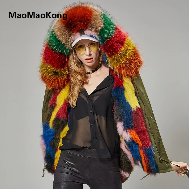 MAO KONG женское армейское зеленое пальто из лисьего меха с меховым капюшоном и