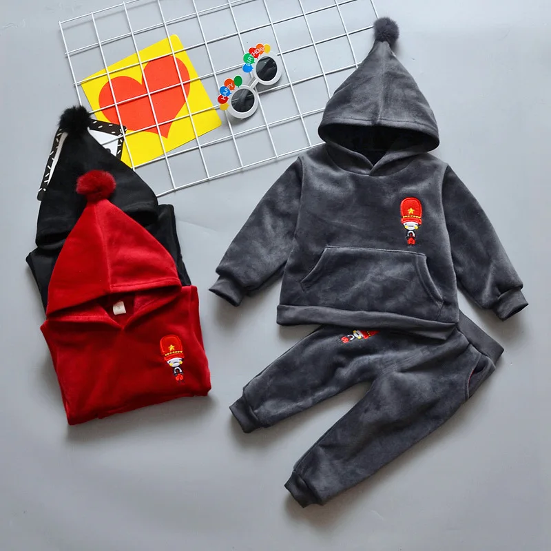 Winter Baby Clothes Set Long Sleeve Fleece 1-3Y Cartoon Boys Hooded sweatshirt+ velvet Pants Thick Warm Suits |