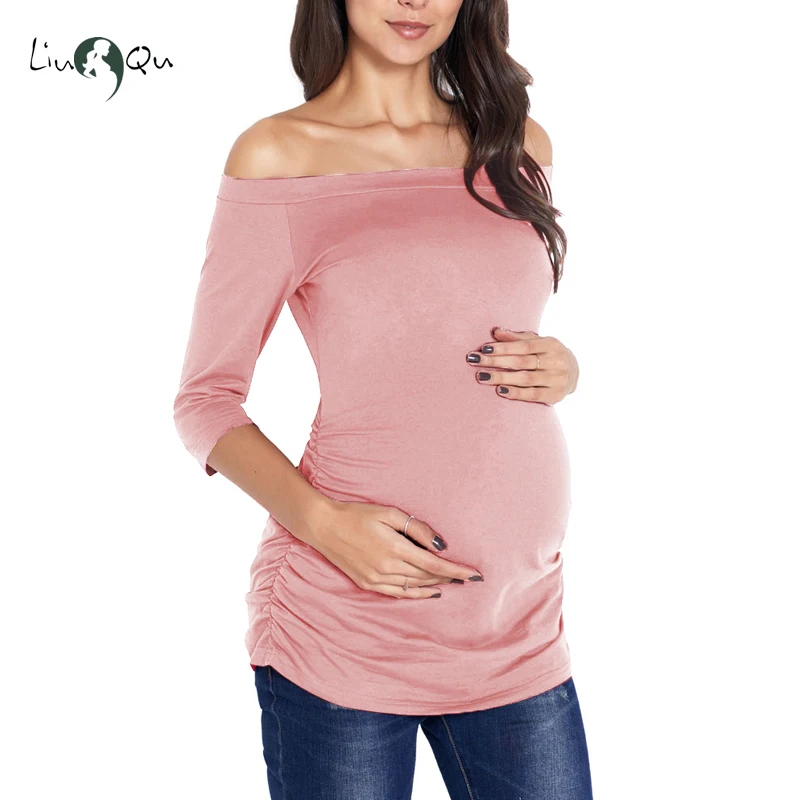 Womens Pregnancy Off Shoulder 3 Quarter Blouse Striped Top Maternity Clothes Slash Neck Pregnancy Womens Clothing ropa mujer