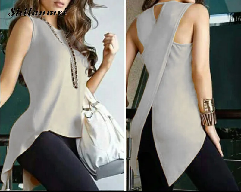 Womens Tops and Blouses Sleeveless Feminine Blouse Shirt 2018 Causal Loose Female Cross Irregular O-Neck Summer for Women |