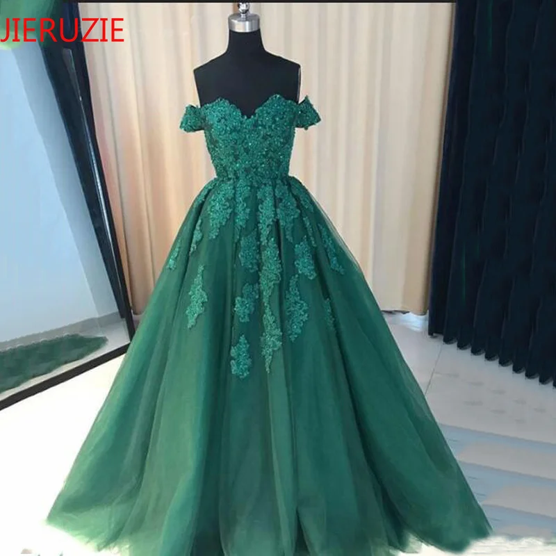 

JIERUIZE Dark Green Lace Appliques Ball Gown Wedding Dresses Sweetheart Off the Shoulder Bridal Gowns Abendkleider