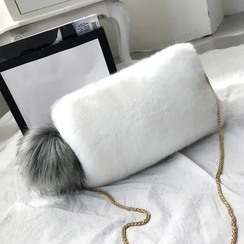 white Новое поступление, клатч из искусственного меха норки, помпон, Меховые помпоны, меховая Сумочка, кроссовер, плюшевый Кошелек, женские меховые сумки для монет, женские меховые сумки - Цвет: white