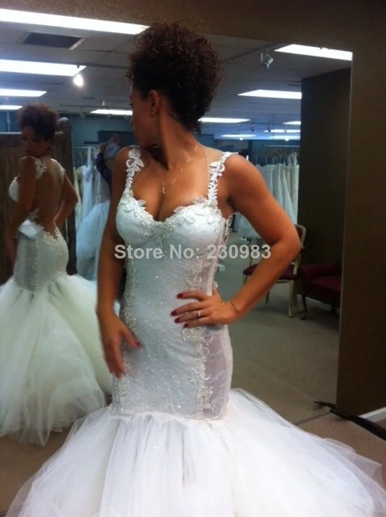 Eelgant Sweetheart with Slim Straps Lace/Embroidery Mermaid Wedding Dresses 2014 Backless White Bridal Gowns Vestidos De Novia |