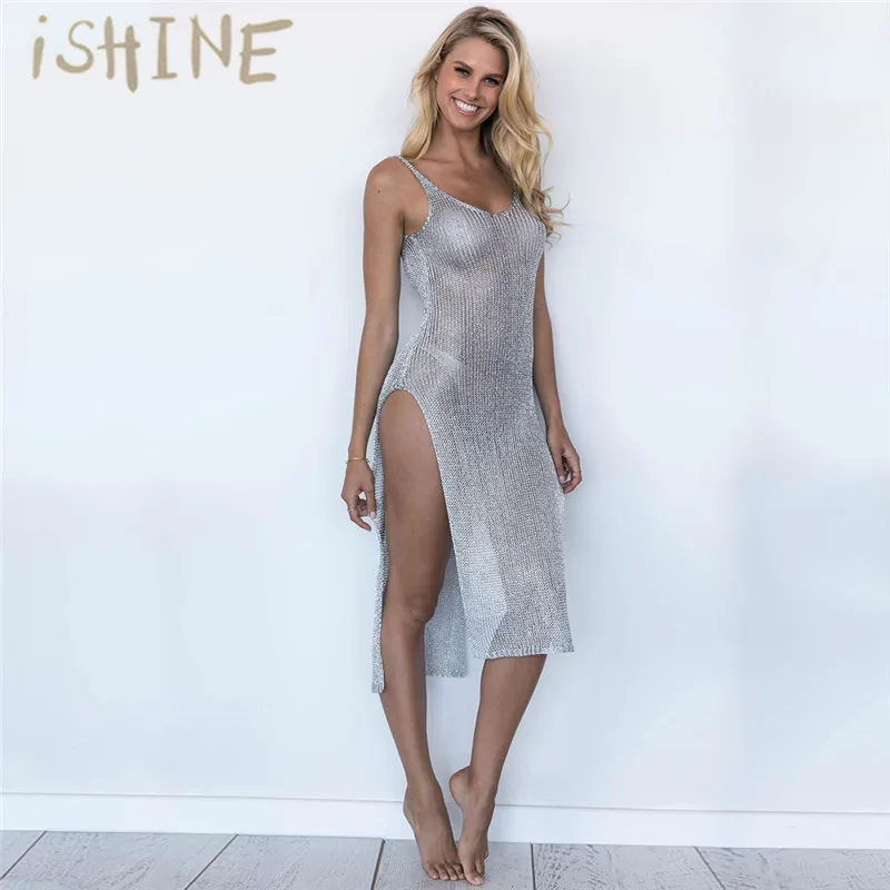 ISHINE растягивающееся женское летнее сексуальное пляжное платье открытые