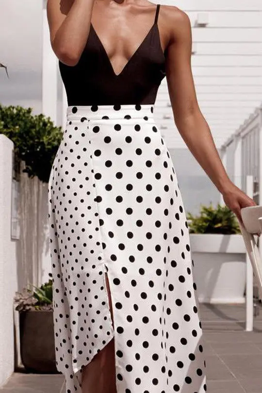 Женская плиссированная юбка в белый горошек трапециевидная с высокой талией и