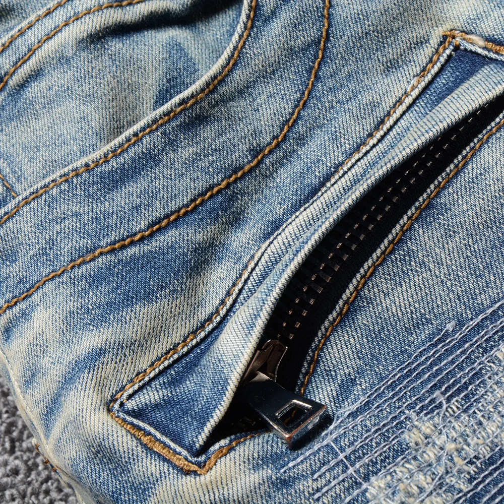 Sokotoo Men's vintage light blue holes ripped biker jeans for motorcycle Casual pleated torn stretch denim slim pants | Мужская
