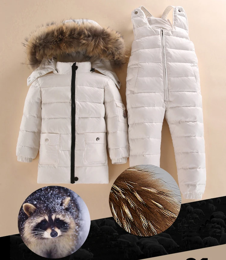 New Kids Down Suit Winter Warm Boy Girls Clothing Children Sets 2pcs Jackets Pants Windproof Waterproof Fur Hooded Collar