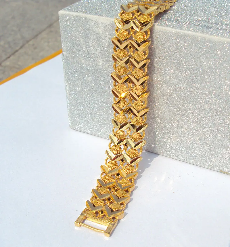 

24 K 24CT Yellow Solid Gold FINISH Layered WIDE Euro Curb Link Bracelet 26gram LADIES S736