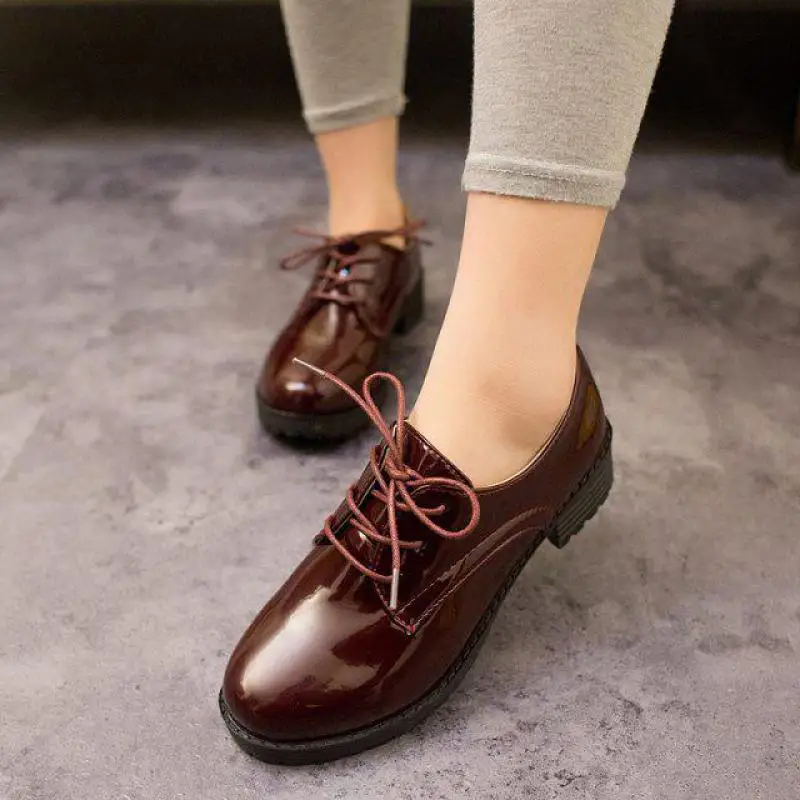 2017 Осень Новый стиль яркий кожаный круглая голова Кружево обувь для учащихся
