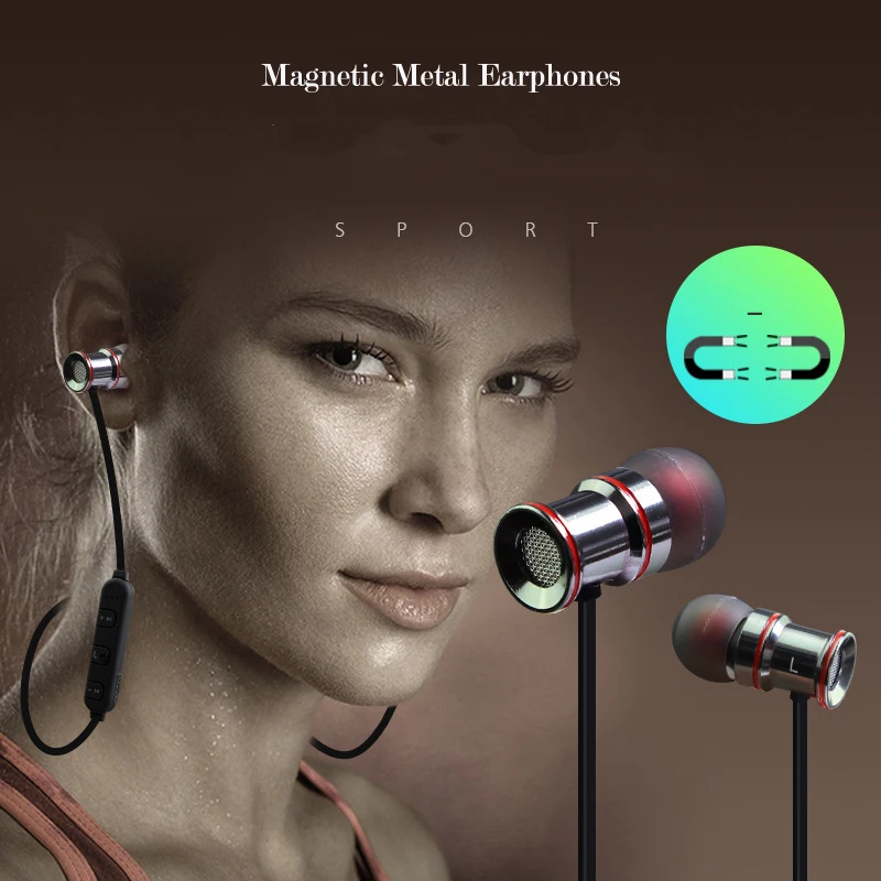 Магнитные металлические наушники спортивные беспроводные Bluetooth стерео музыка