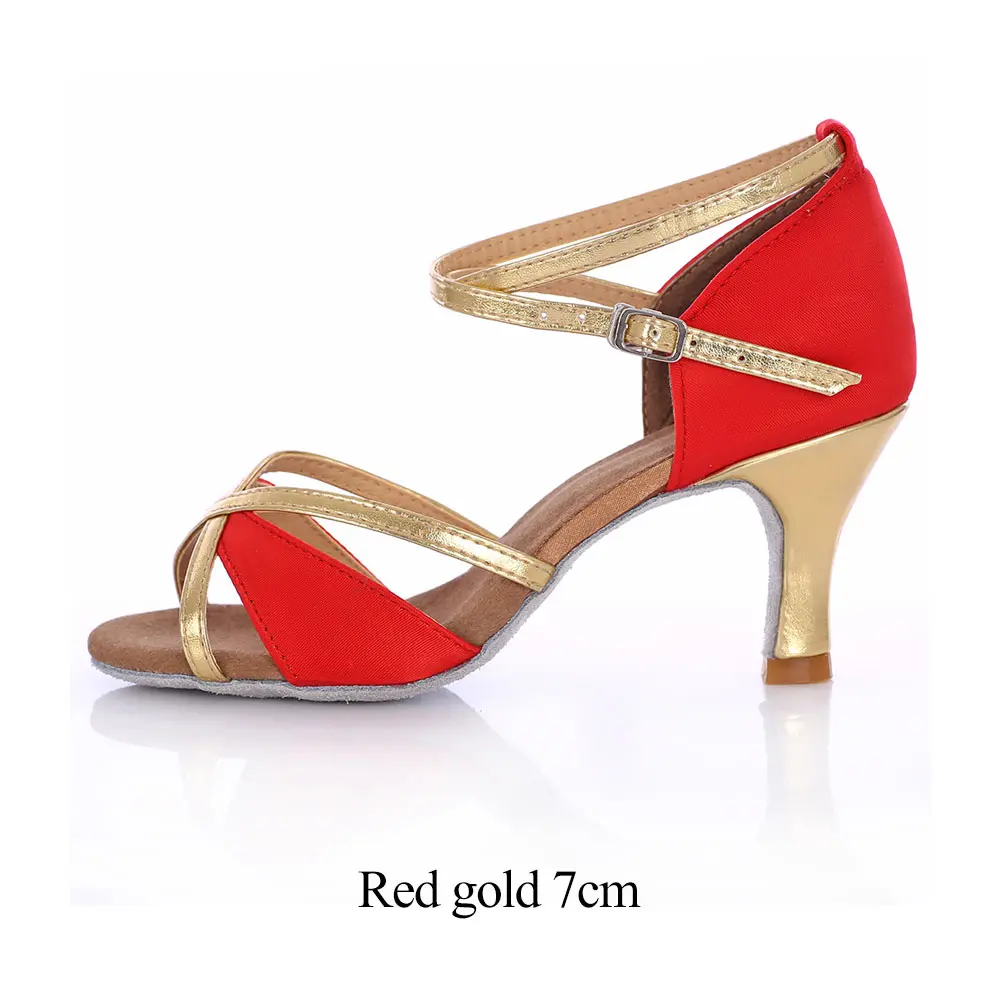 Red gold 7cm Женская обувь для латинских танцев, профессиональная обувь для девочек, Женская Обувь для бальных танцев, Танго, сальсы, танцевальная обувь на каблуке 5 см/7 см, черный/красный цвет - Цвет: Red gold 7cm