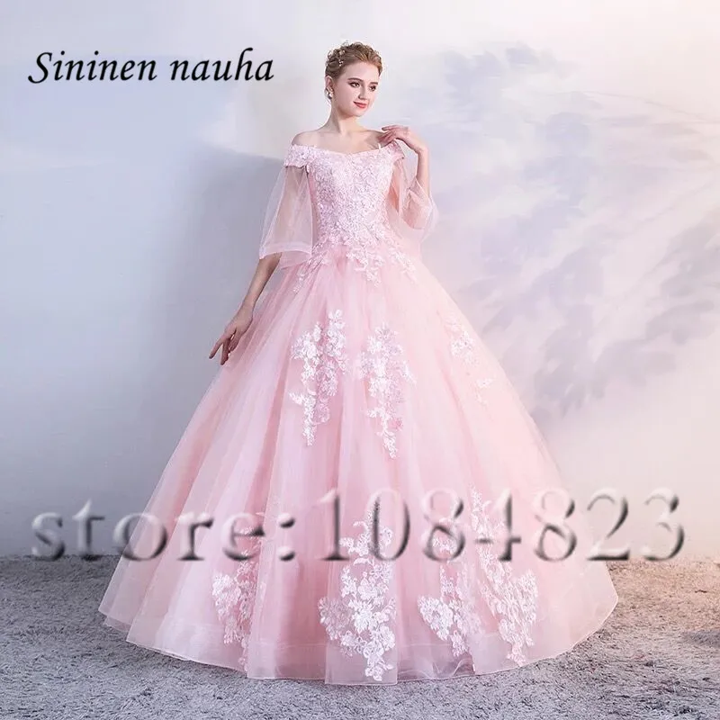 Розовое платье Quinceanera с открытыми плечами и рукавами аппликацией бальное размера