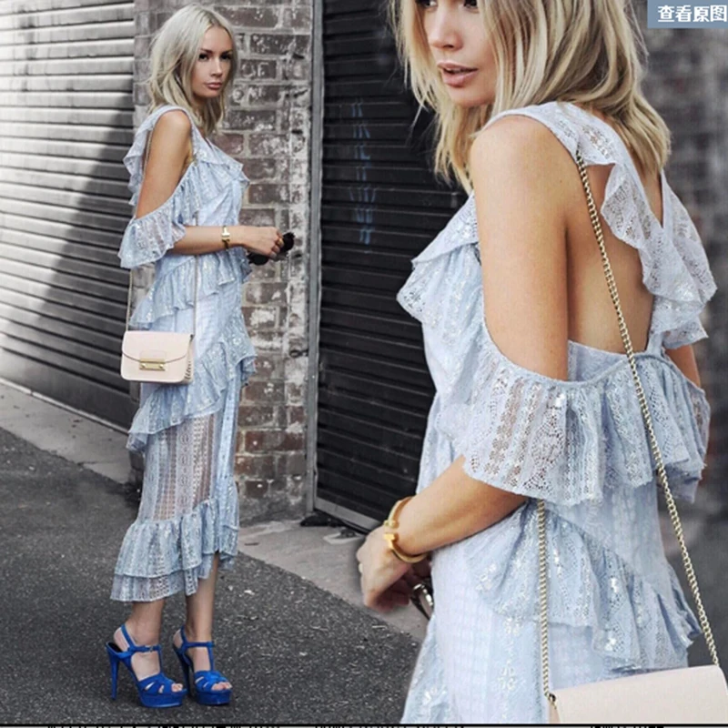 

Elegant Off The Shoulder Sexy Deep V Neck Dress Women Party Club Sheer See Through Layer Ruffle Dresses Backless Split Vestido