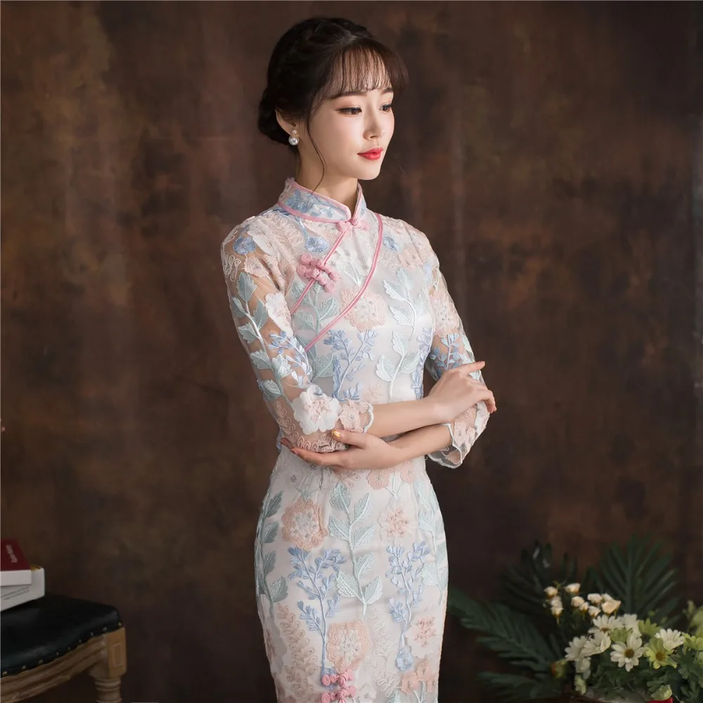 Shanghai история высокое Разделение Русалка Qipao кружевное платье в китайском стиле Cheongsam Восточный китайское платье Для женщин платья для сезон: весна–лето