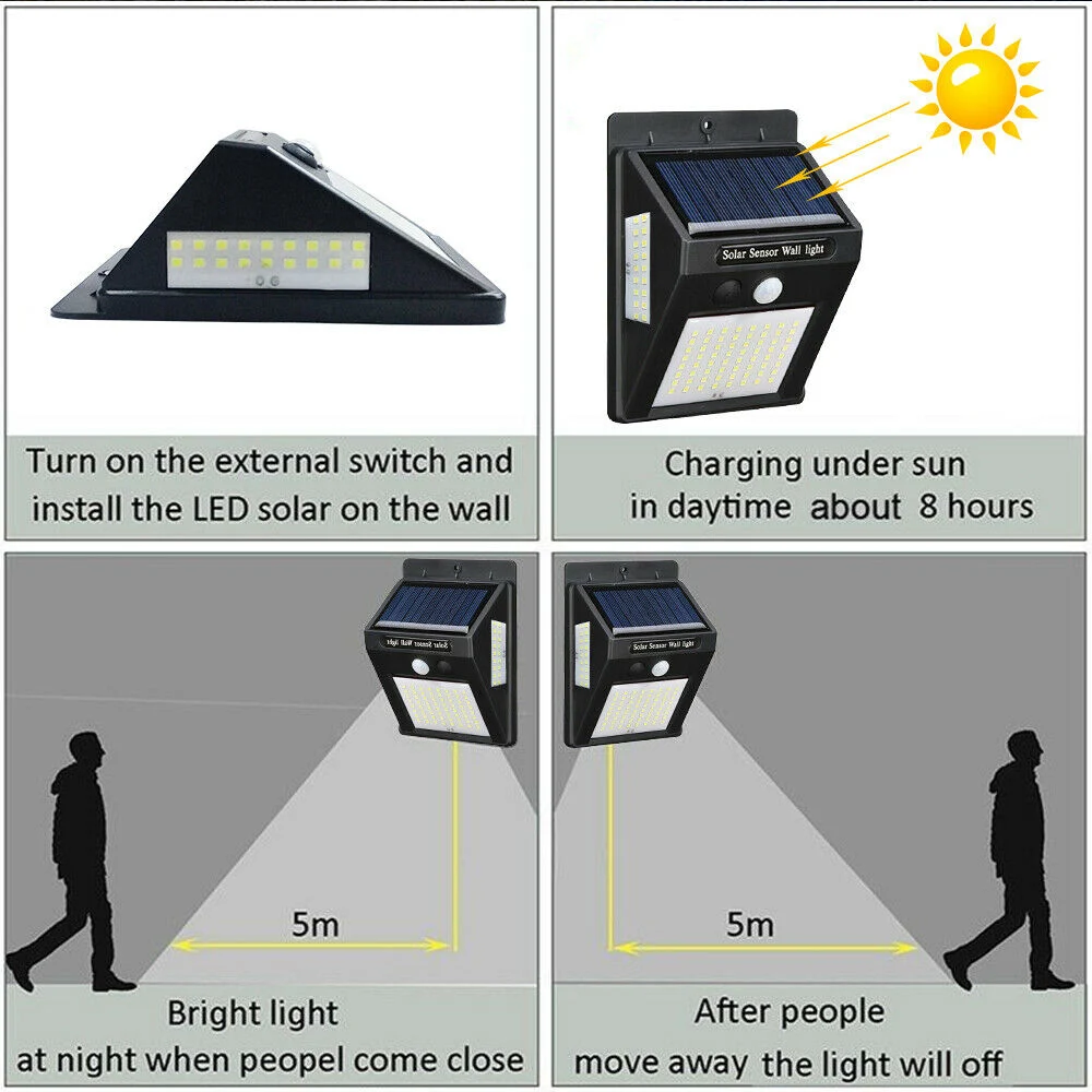 100LED солнечная энергия лампа PIR датчик движения настенный светильник наружная