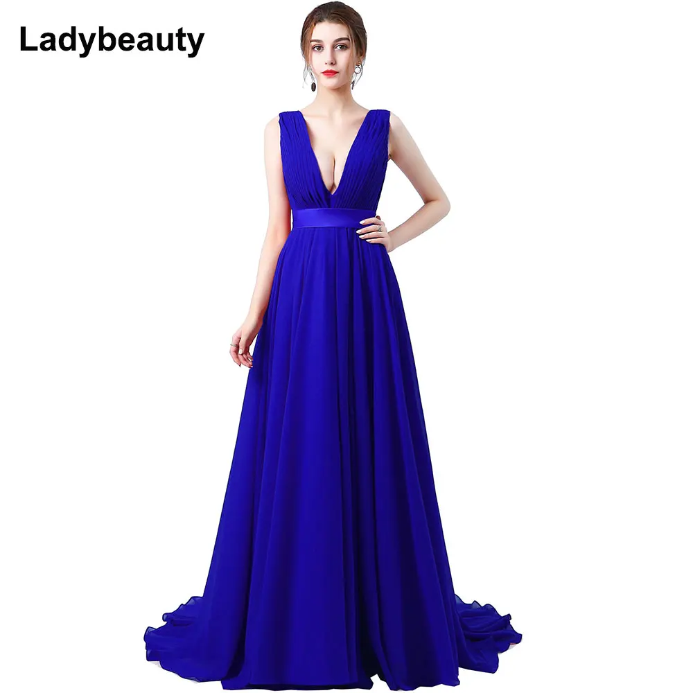 Женское вечернее платье со шлейфом Ladybeauty длинное шифоновое без рукавов с V