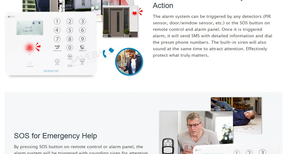 Homsecur беспроводный 4G/GSM домашняя охранная сигнализация для пожилых людей Ежедневный уход за жизнью GA01-4G-W