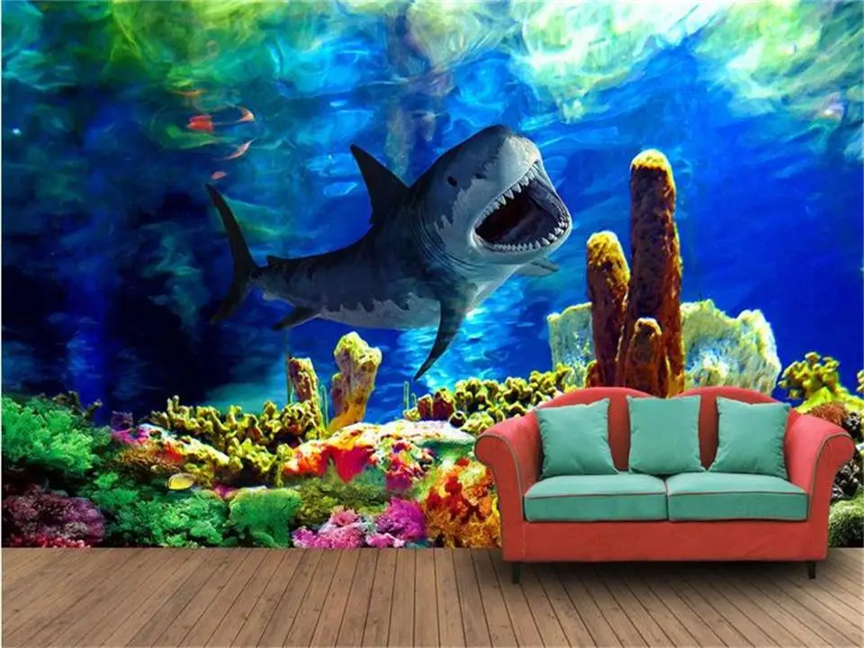 

3D-обои на заказ, фотообои для гостиной с изображением морского дна, акулы, пейзажа, дивана, фона под телевизор, настенные 3D-обои