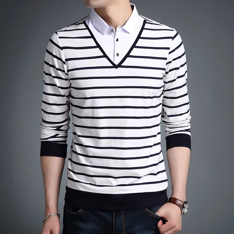 Повседневная мужская футболка в полоску с V-образным вырезом и длинным рукавом |