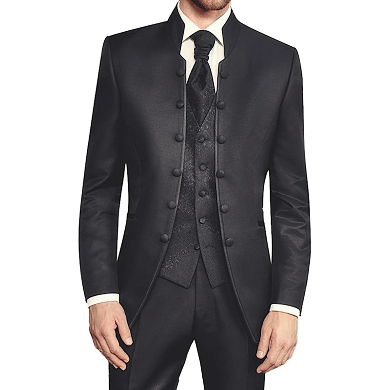 

Black Wedding Groomsmen Tuxedo Stand-up Collar Men Suits 3Pcs Custom Made Party Wear Blazer Trousers Jacket+Pants+Patterned Vest