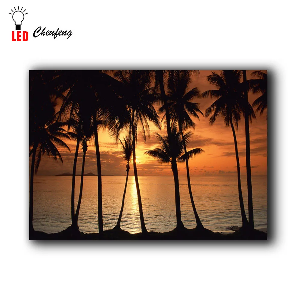 Led Canvas Sunset Ocean Mexico Palms Sky Nature Clouds Cozumel Palm Trees wall picture canvas painting light up printing artwork | Дом и сад