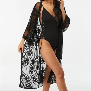Black Пляжная накидка с вышивкой и сеткой, Vestidos Praia Sarong, парео, Плайя, белое бикини, накидка, пляжная одежда, купальник для женщин, накидка - Цвет: Black